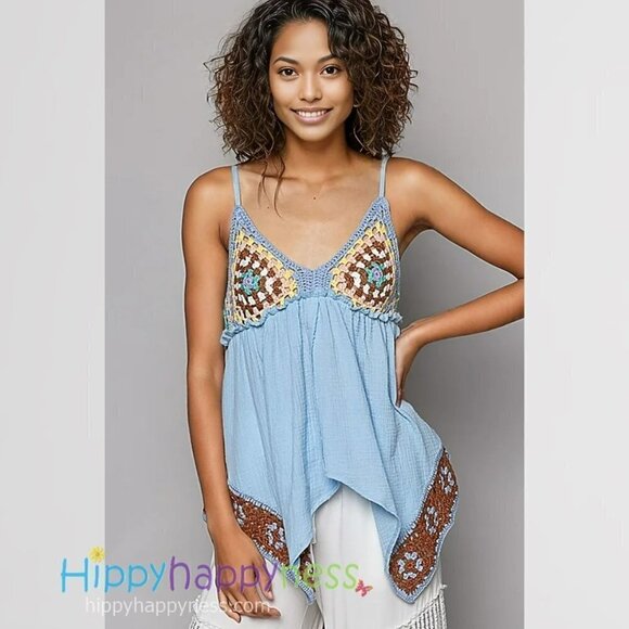 POL Swing Top light blue with crocheted granny squares size Small NWT - Picture 4 of 10